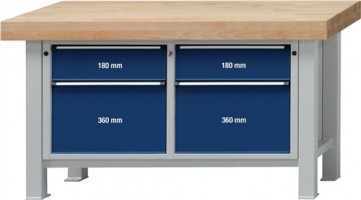 Werkbank B2250xT800xH865mm je 2x90/180/270mm 1 Tür 65mm Bucheplatte grau/blau