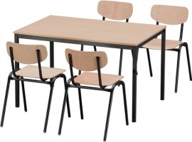 Stuhl-/Tischset 1 Tisch L.1200xB.800mm u.4 Stapelstühle Buche Gestelle schwarz