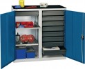 Flügeltürenschrank H1000xB1000xT500mm 2 Böden 9 Schubl. lichtgrau/enzianblau