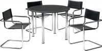 Stuhl-/Tischset 1 Tisch Ø1000xH720mm 4 Schwingstühle Leder schwarz Beine Chrom